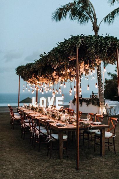 Magical Outdoor Night Reception With Hanging Lights Beach Wedding Ideas