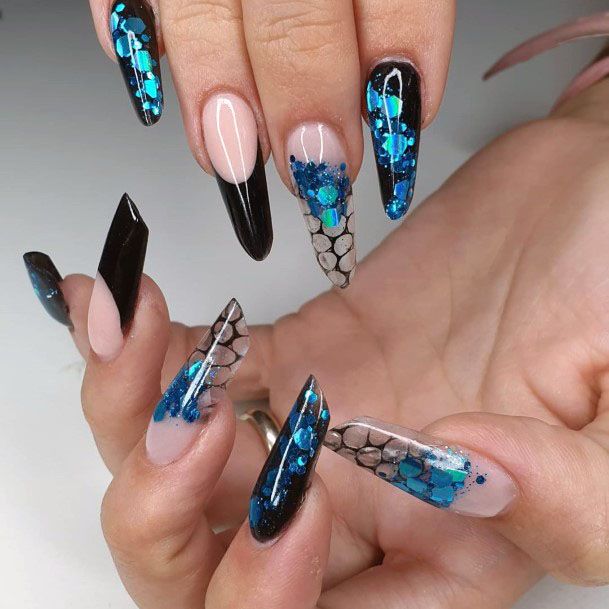 Magnificent Black Blue And Clear Honey Comb Dazzling Long Stiletto Nail Inspiration For Women