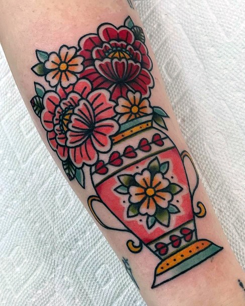 Magnificent Flower Vase Tattoo For Girls