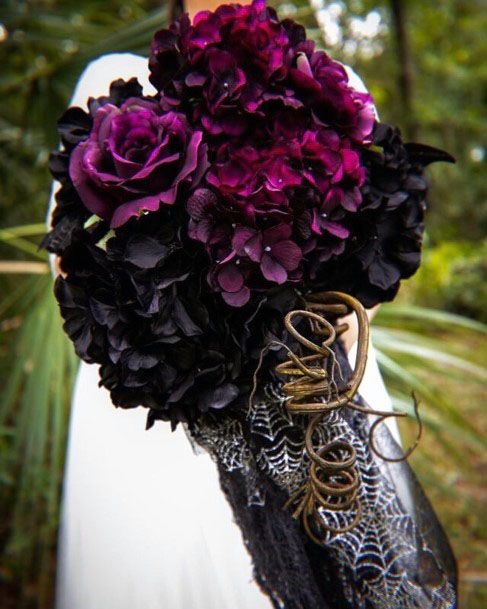 Magnificent Gorgeous Red Purple Black Floral Spiderweb Vase Halloween Wedding Bouquet Inspiration