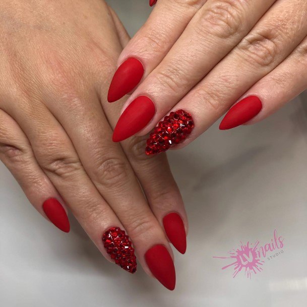 Magnificent Red With Diamond Rhinestones Fingernails For Girls