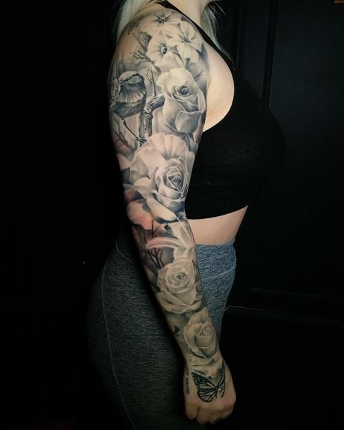 Magnificent Rose Sleeve Tattoo For Girls