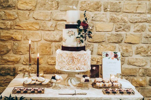 Magnificent Rustic Rock Wall Backdrop Pretty White Red Trim Wedding Cake Delicious Desert Table Ideas