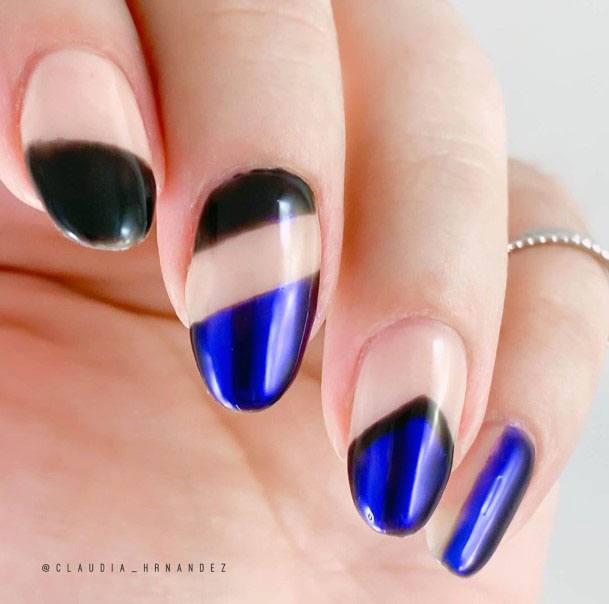 Magnificent Sleek Clear Royal Blue And Black Unique Nail Design For Ladies