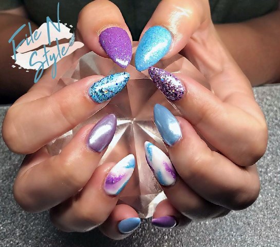Magnificent Trippy White Blue And Purple Sparkly Nails Design For Women
