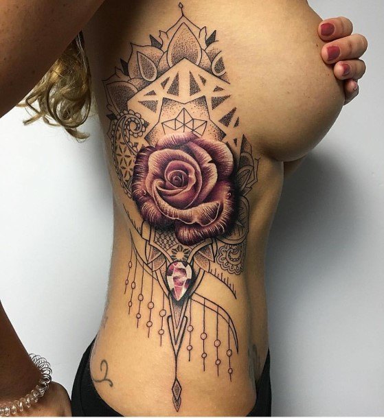 Magnificient Rose Flower And Stone Tattoo Womens Torso