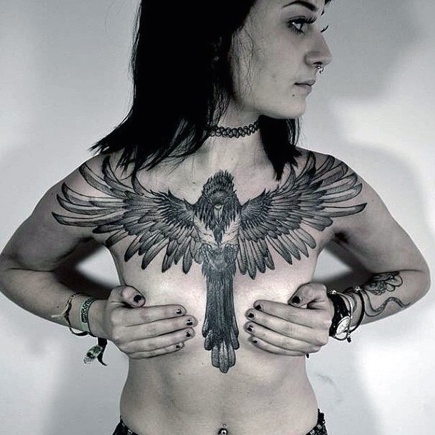 Magnificient Winged Bird Tattoo Womens Chest