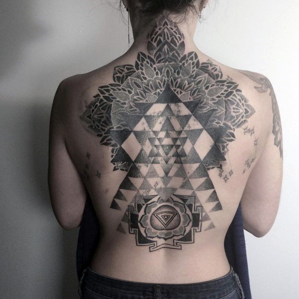 Majestic Geometric Black And Grey Tattoo Womens Back