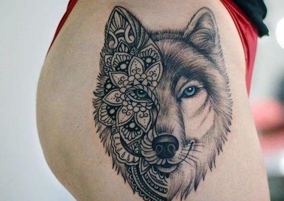 Mandala And Wolf Tattoo Womens Thighs