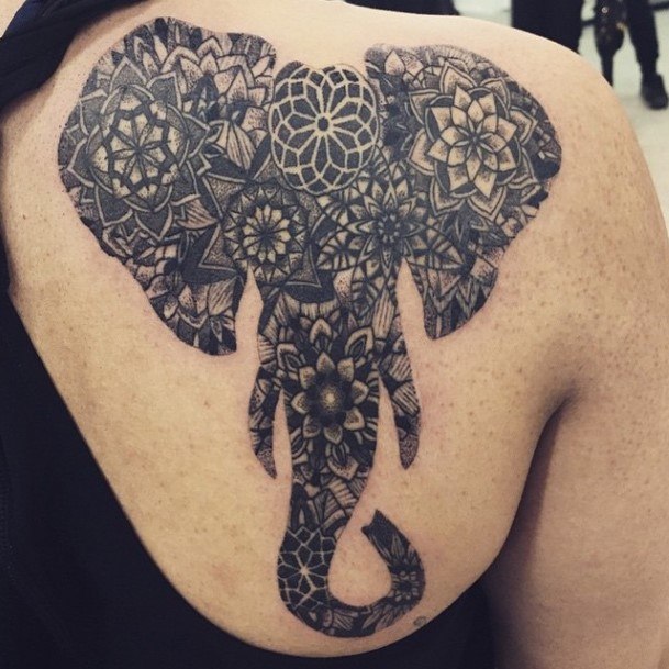 Mandala Art On Elephant Tattoo Womens Back