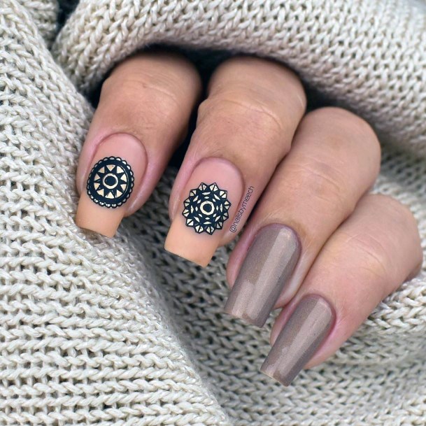 Mandala Art Stamp On Brown Nails Women