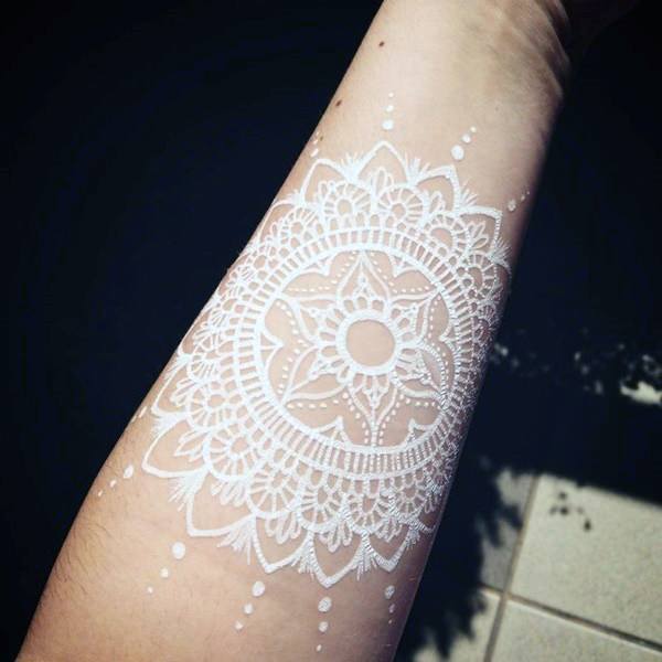 Mandala Design White Ink Womens Wrist Tattoo