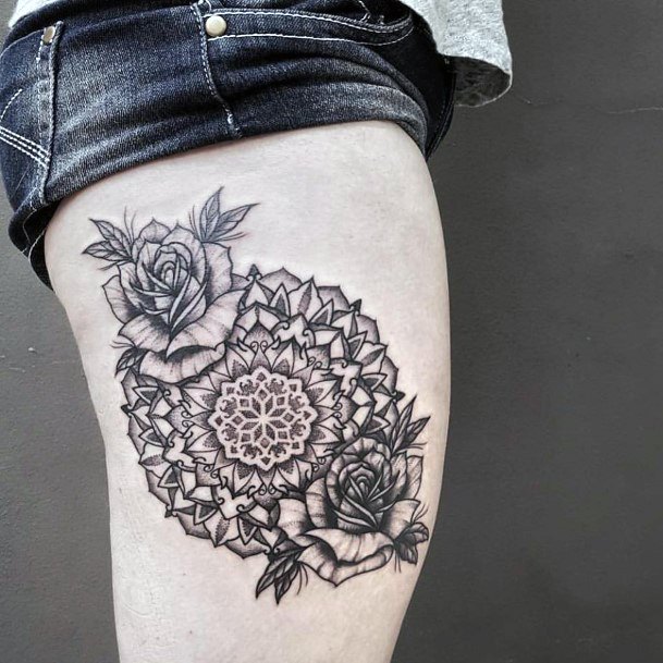 Mandala With Roses Tattoo Womens Legs