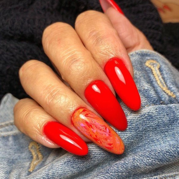 Marble Accent Red Orange Nails For Women