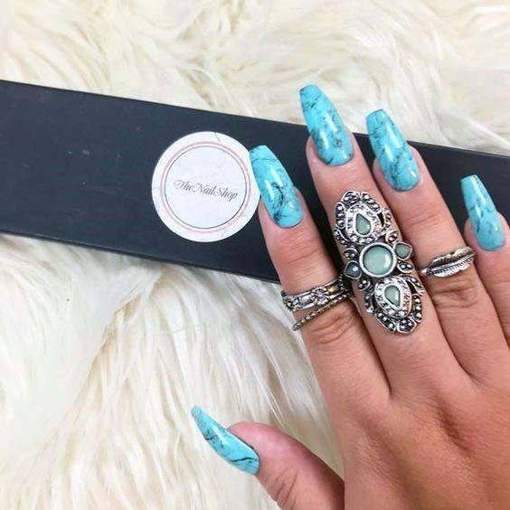 Marble Textured Bright Blue Nails For Women