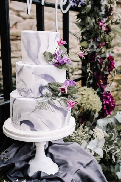 Marble Textured White And Purple Wedding Cake