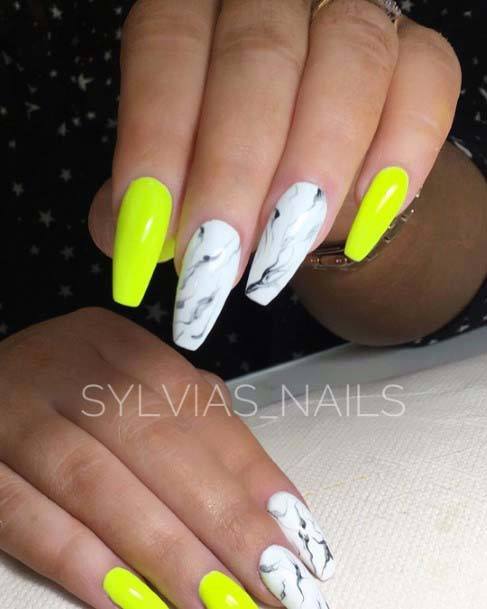 Marble White And Yellow Nails Bright For Women