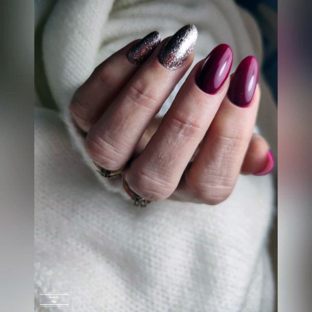 Maroon And Silver Womens Nail Designs