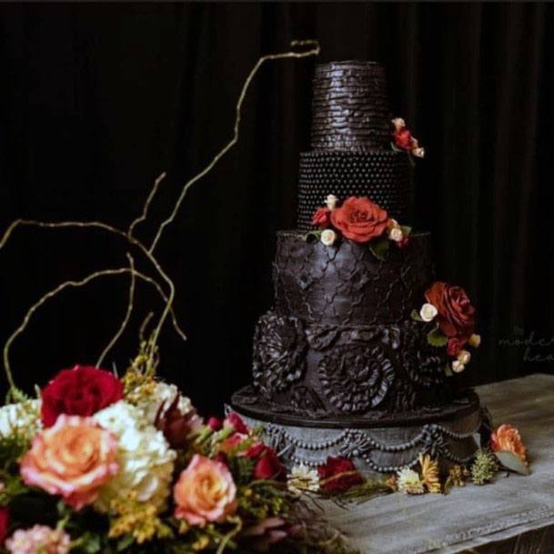 Marvelous Black Halloween Wedding Cake Inspiration Rosey Red Flowers