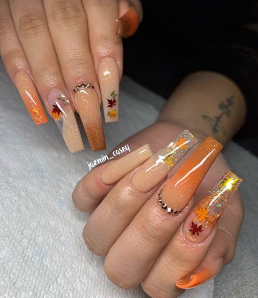Marvelous Girly Fall Ombre Orange Gold Flakes Nails Inspiration