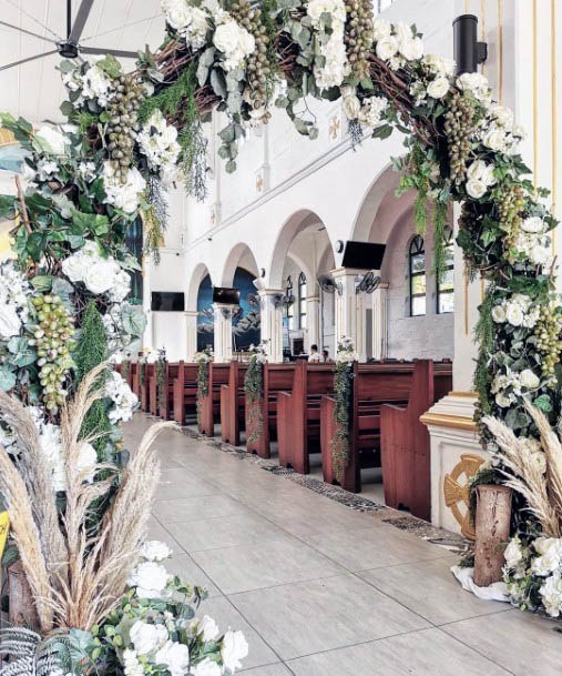 Marvelous Greenery Lush White Flower Arbor Wedding Pew Decorations