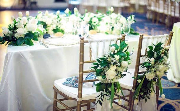 Marvelous Greenery Lush White Flower Bouquet Wedding Chair Decoration Ideas