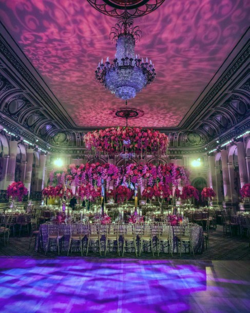 Marvelous Pink Purple Club Light Wedding Reception Masive Beautiful Floral Chandeler Decoration Inspiration