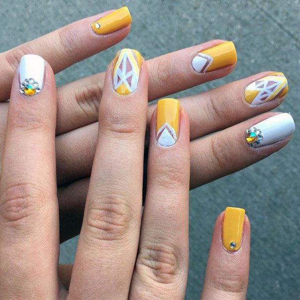 Marvelous Stylish Triangle Design Yellow And White Cute Jewel Nails For Women