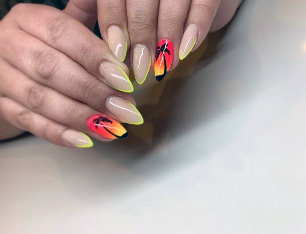 Marvelous Yellow Tip Ombre Sunset Palm Tree Nail Inspiration For Women