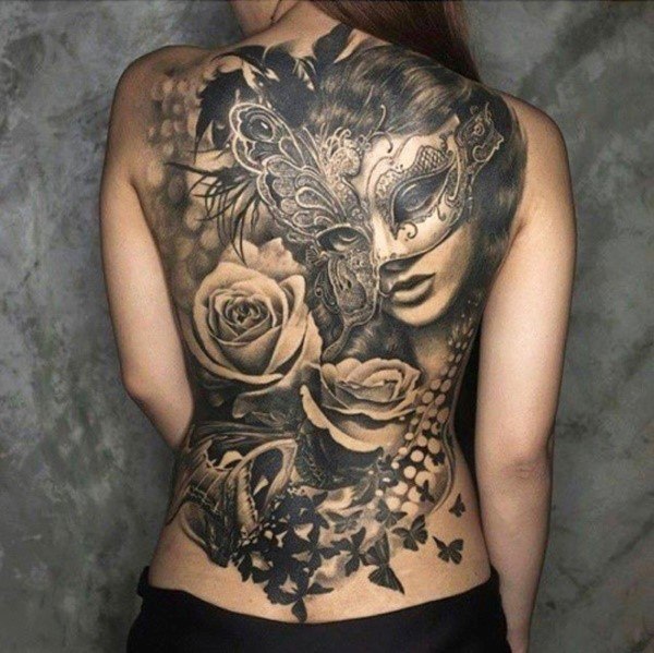 Masked Woman And Rose Tattoo Back