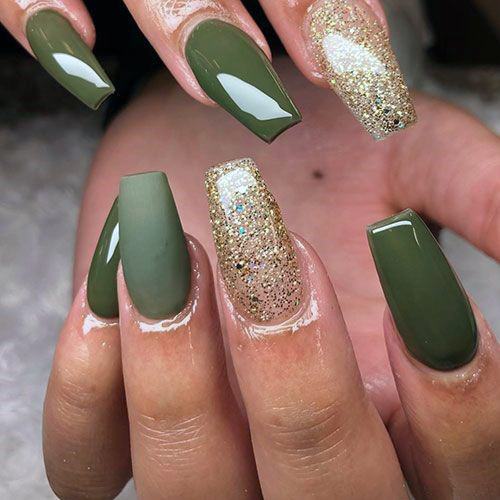 Matte And Glossy Green Nails With Gold Accent Women