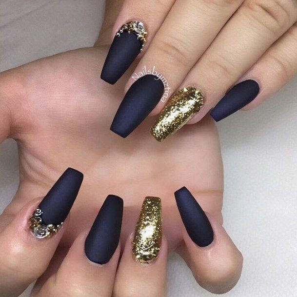 Matte Black And Gold Female Nail Designs