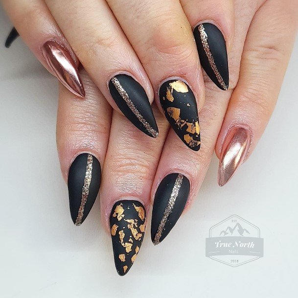 Matte Black And Gold Girls Nail Ideas