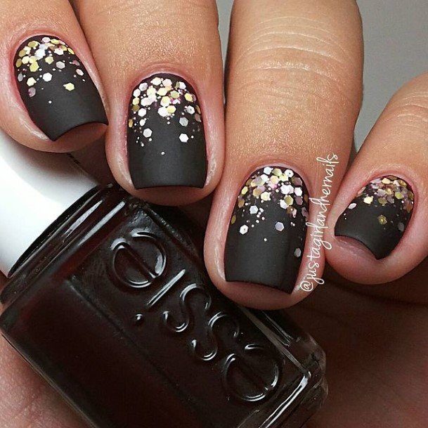 Matte Black And Gold Nail For Ladies