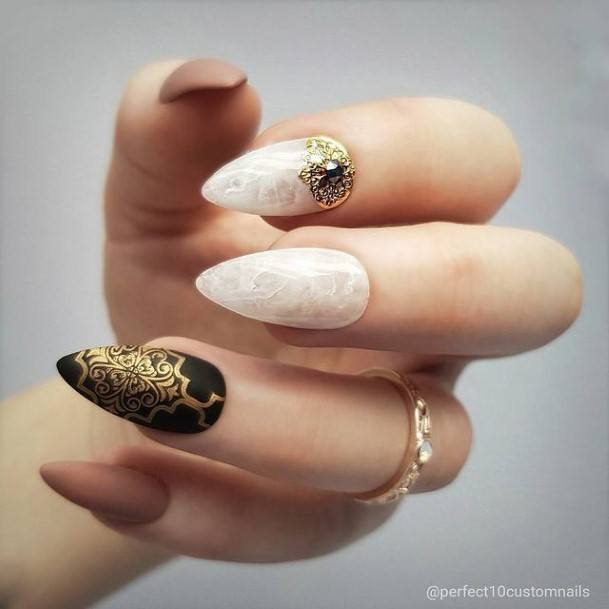 Matte Black And Gold Nails Feminine Ideas