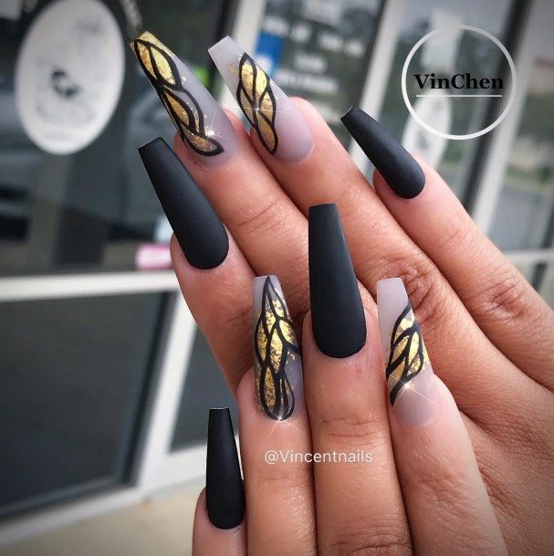 Matte Black And Gold Nails For Girls