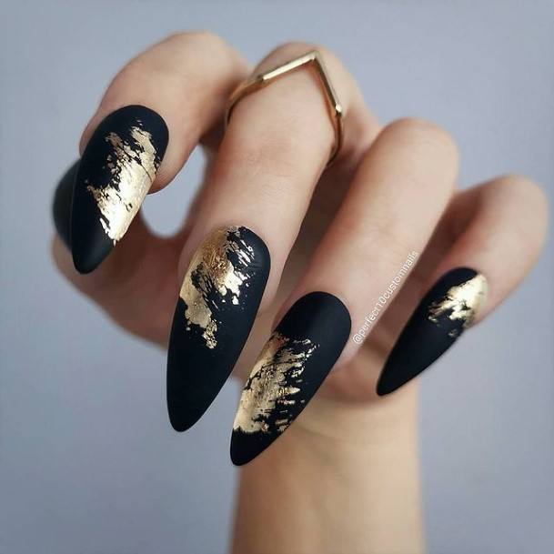 Matte Black And Gold Womens Nail Ideas