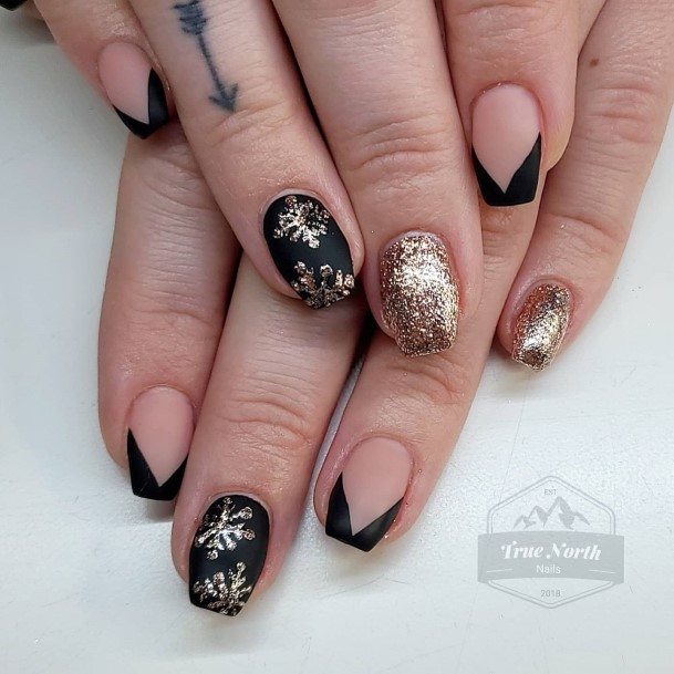 Matte Black And Gold Womens Nails