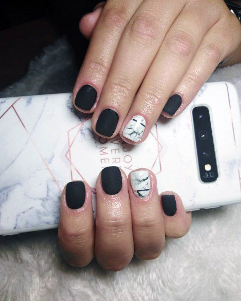 Matte Black And Marble Short Nails Women