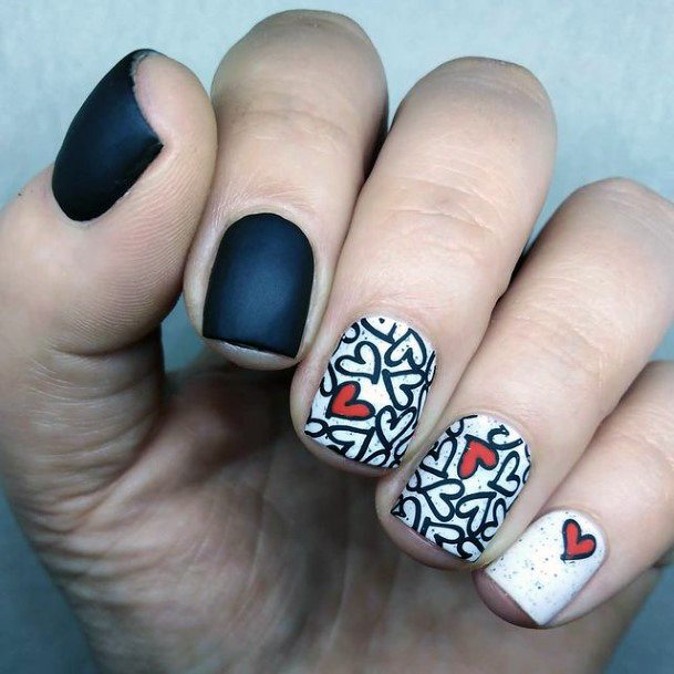 Matte Black And While Red Heart Romantic Nails