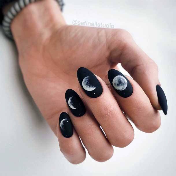 Matte Black Nails Moon Design For Women