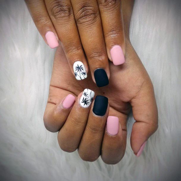 Matte Black Pink White Short Nail Inspiration Design Palm Tree Nails Ideas For Women