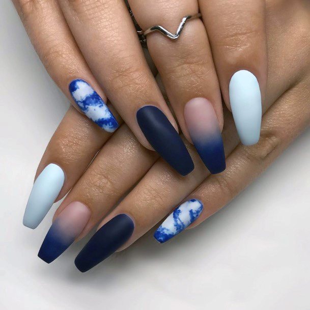 Matte Blue White Nails With Clouds And Ombre Effect For Women