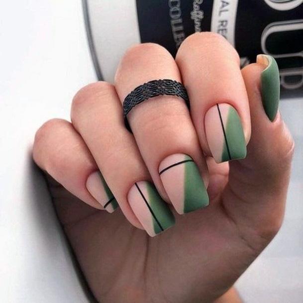 Matte Finish Sporty Green Design On Square Nails