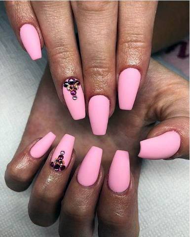 Matte Flamingo Pink Nails With Black Stones Women