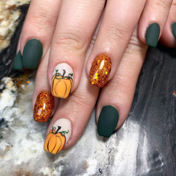 Matte Green And Pumpkin Nails For Women