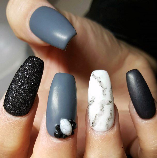 Matte Grey And Black Nails With Embossed Art For Women