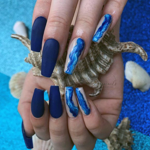 Matte Midnight Blue Nails Water Art Women