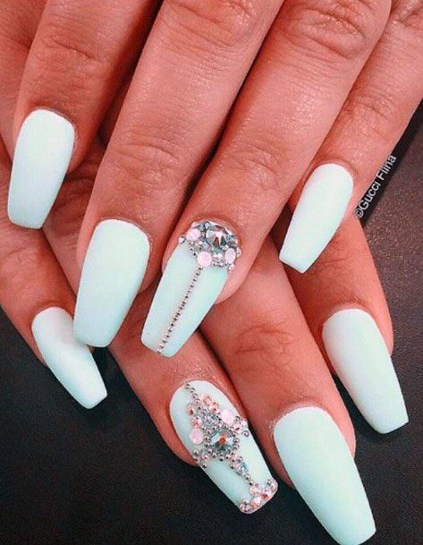 Matte Nails With Crystals For Women Mint Shade