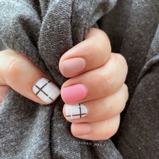 Matte Pink Nails With Lined Art Women